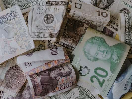 Different international currencies including dollars and euros
